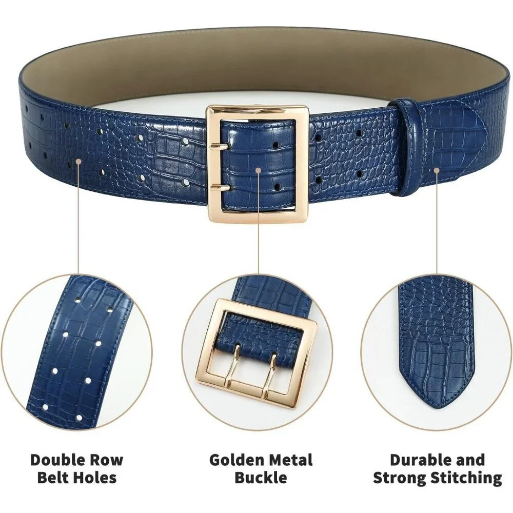Women Leather Wide Fashion Thick Dress Belt With Gold Buckle Belt Navy Gold